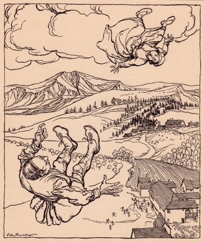 Als ihr Mann sie sah, rief er: Hi! komm zu mir hierher. Illustration von Arthur Rackham aus Grimms Märchen Der junge Riese. von Arthur Rackham