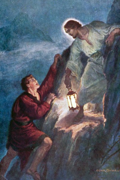 Junger Mann klettert, dem von Jesus Christus gehaltenen Licht folgend von Arthur Twidle