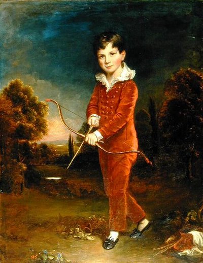 Porträt eines jungen Jungen in einem roten Anzug mit Bogen und Pfeil von Arthur William Devis