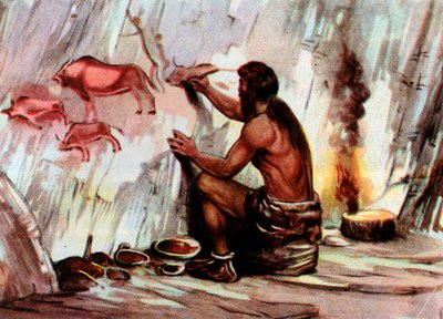 Ein Homo Sapiens malt in einer Höhle, aus 