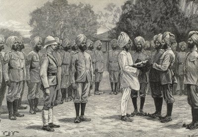 England (19. Jahrhundert). Kolonisation. Indien. Die neuen Regimenter von Burma. Vereidigung neuer Rekruten. (Stich) von Artist Unknown