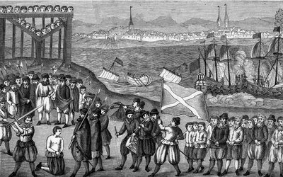 Hinrichtung des berühmten deutschen Piraten Klaus Störtebeker (1360-1401) und seiner 71 Komplizen 1401 in Hamburg. Gravur nach dem Bild des 16. Jahrhunderts von Artist Unknown
