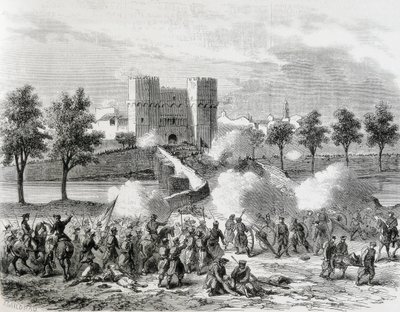 Spanien (1868). Glorreiche Revolution. Angriff der Regierungstruppen am Serrans-Tor in Valencia. Gravur aus „The Illustration. Jorinal Universal“. Radierung von Artist Unknown