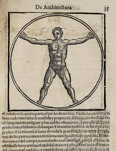 VITRUVIUS, Marcus Vitrubius Pollio (1. Jahrhundert v. Chr.). „De Architectura“ (Über Architektur), mit Übersetzung ins Spanische von Miguel de Urrea. Herausgegeben in Alcalá de Henares von Juan Gracián (1582). Illustration auf Seite 35 mit dem Kanon des me von Artist Unknown