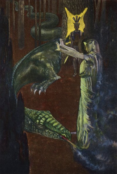 Jason beobachtet, wie Medea den Drachen, der das Goldene Vlies bewacht, einschläfert von Artus Scheiner