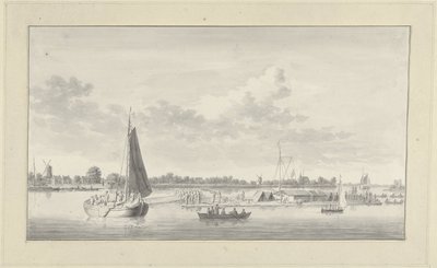 Großes Floß und verschiedene Schiffe auf der Merwede bei Haus de Merwe bei Dordrecht von Ary van Wanum
