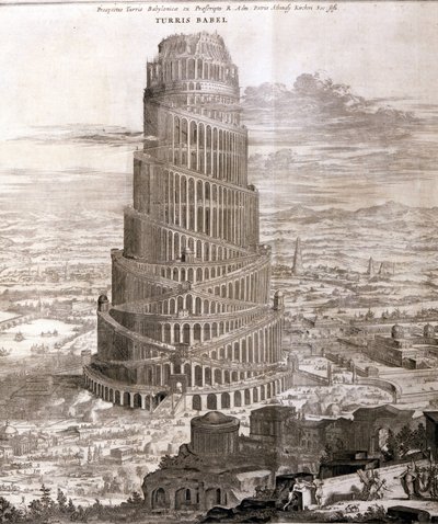Der Turmbau zu Babel. Rekonstruktion durch Athanasius Kirche in seinem Werk "Turris Babel" über diesen Turmbau und die Geschichte der frühen Menschheit von Athanasius Kircher