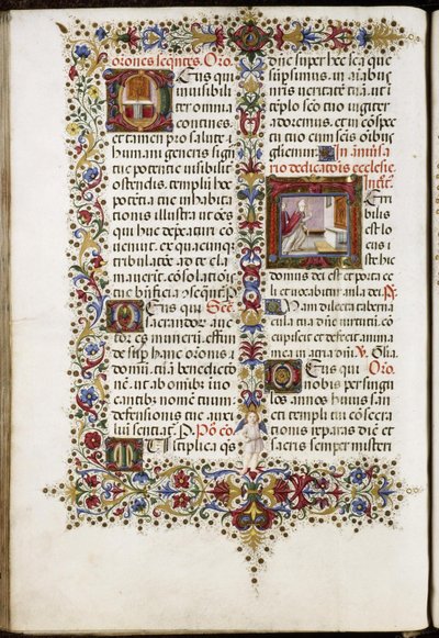 Missale von Thomas James: Seite mit zwei Initialen: ein Altar und die Weihe einer Kirche von Attavante degli Attavanti