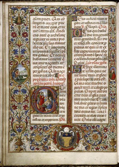 Missel de Thomas James: Seite mit einer Lettrine: die Anbetung der Könige und ein Medaillon im Rand: die Hirten der Verkündigung. von Attavante degli Attavanti