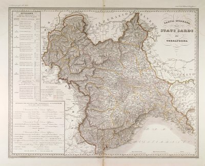 Sardinische Staaten auf dem Festland. Karte von Attilio Zuccagni-Orlandini, aus dem Geographischen Atlas der italienischen Staaten, Florenz, Kupferstich von Attilio Zuccagni Orlandini