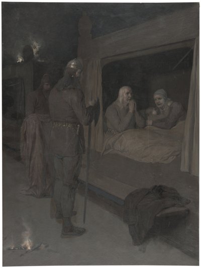 Njal, Bergthora und Thord Karisson beschließen, sich lebendig verbrennen zu lassen. Illustration zu Njals Saga, Kap. 129 von August Malmström