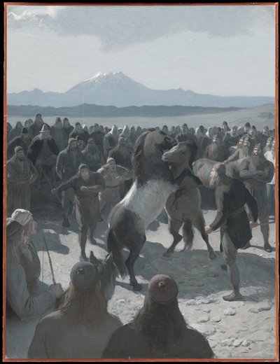 Der Pferdekampf bei Hlidarendi. Illustration zu Njáls Saga, Kap. 59 von August Malmström