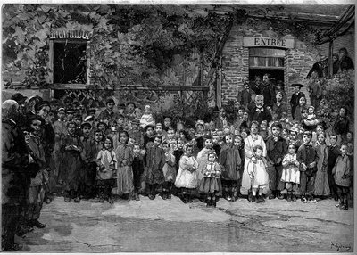 Victor Hugo (1802-1885) mit den armen Kindern von Veules-en-Caux, denen er am 24. September 1882 ein Bankett anbot. Gravur von Gerardin in "Le Monde Illustré" Nr. 1333 vom 14. Oktober 1882. von Auguste (after) Gerardin