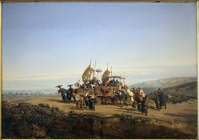 Reisende benutzen einen Wagen mit Segeln und werden von Männern geschossen. Gemälde von Auguste Borget von Auguste Borget