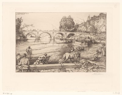 Blick auf die Pont Marie mit Figuren in der Seine von Auguste Lepère (signed by artist)