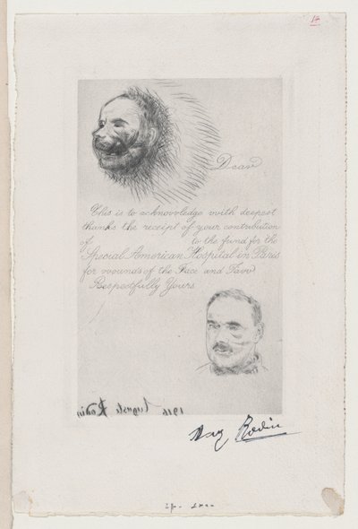 Beitragsquittung des Spezialamerikanischen Krankenhauses in Paris für Gesichtsverletzungen, 1916 von Auguste Rodin