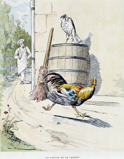 Der Falke und das Kapaun - in „Die Fabeln von La Fontaine“, ill. von Auguste Vimar (1851-1916), Tours, bei A, Mame & Fils von Auguste Vimar