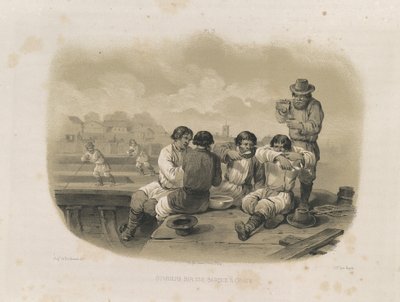 Bauarbeiter auf einem Boot aus: Der Bau der Isaakskathedrale, 1845 von Auguste de Montferrand