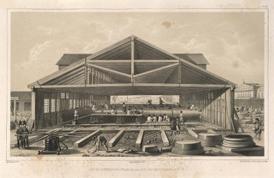 Steinmetzwerkstatt aus: Der Bau der Isaakskathedrale, 1845 von Auguste de Montferrand