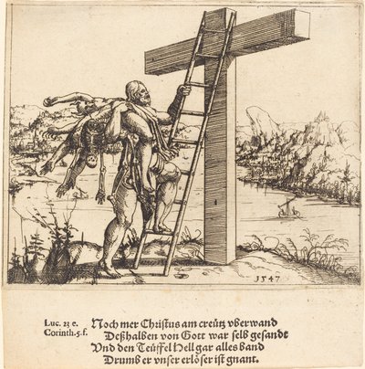 Christus steigt mit Sünde, Tod und Teufel auf das Kreuz von Augustin Hirschvogel