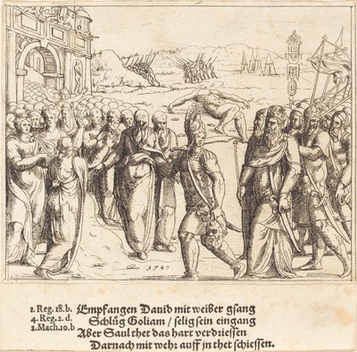 David wird nach dem Töten von Goliath begrüßt, und Sauls Eifersucht, 1547 von Augustin Hirschvogel