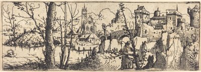 Landschaft mit Burg rechts, umgeben von Felsen von Augustin Hirschvogel
