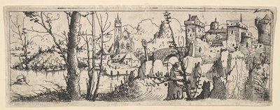 Landschaft mit Festung und Kirche an einem Fluss, 1545 von Augustin Hirschvogel