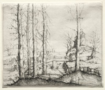Flusslandschaft mit fünf kahlen Fichten im Vordergrund, 1549 von Augustin Hirschvogel