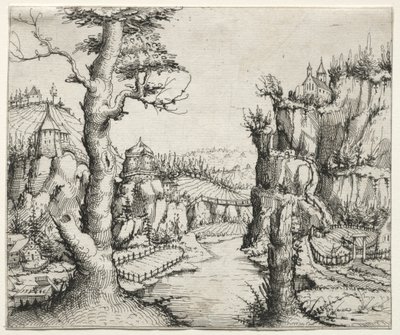 Flusslandschaft mit Felsen links und rechts, 1546 von Augustin Hirschvogel
