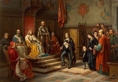 Friedrich III., gedrängt, gegen die Türken zu marschieren, von Triester Dichter Raffaele Zovenzoni, von Augusto Tominz (1818-1883) von Augusto Tominz