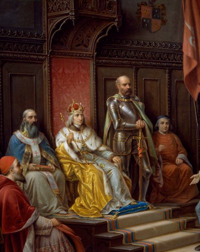 Friedrich III. auf dem Thron, Detail (Friedrich III. wird vom Triester Dichter Raffaele Zovenzoni gedrängt, gegen die Türken zu marschieren) von Augusto Tominz