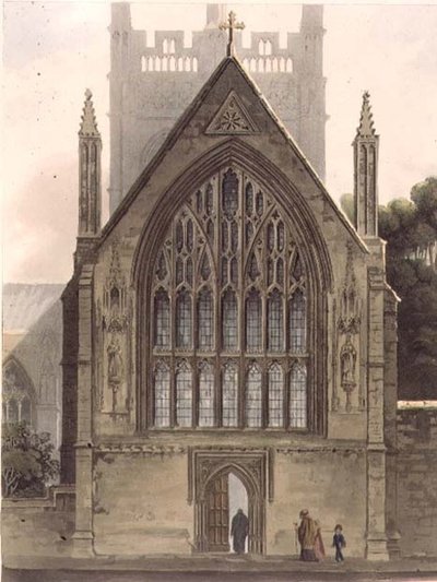Außenansicht des Merton College, gegenüber dem Nordfenster der Vorkapelle, Illustration aus der 