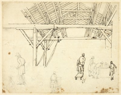 Abgelehnte Studie, möglicherweise für eine Illustration des Zollhauses, aus Microcosm of London (recto); Skizzen von Arbeitern mit Fässern (verso) von Augustus Charles Pugin