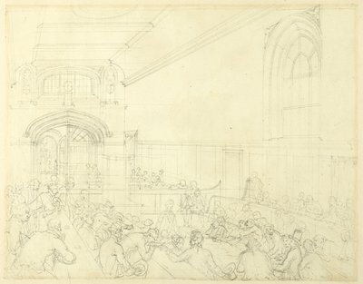 Studie für die Gildehalle, Untersuchung eines Bankrotten vor seinen Gläubigern, aus Mikrokosmos von London von Augustus Charles Pugin