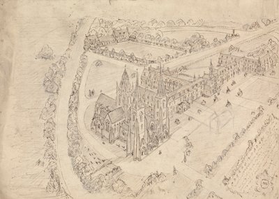 Skizze einer gotischen Kirche und eines Klosters von Augustus Welby Northmore Pugin