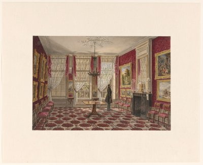 19. Jahrhundert Interieur mit Gemälden und stehender Figur von Augustus Wijnantz