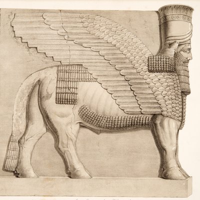Menschköpfiger Stier und geflügelte Figur von einem Tor im Mauerwerk um Kouyunjik, aus Denkmäler von Ninive, veröffentlicht 1849 von Austen Henry Layard