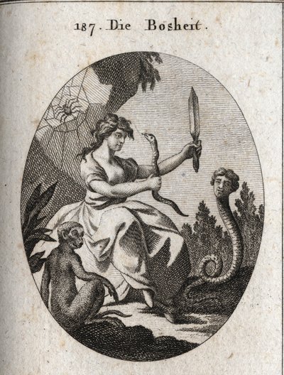 Allegorie der Bosheit. Sie sieht glücklich aus mit einem Aspik und einem Dolch. Ihre Attribute sind die Schlange mit einem menschlichen Gesicht, die Betrug wünscht, der Affe, der das Emblem der Bosheit ist, und die Spinne, die auf Fallen hinweist. von Austrian School