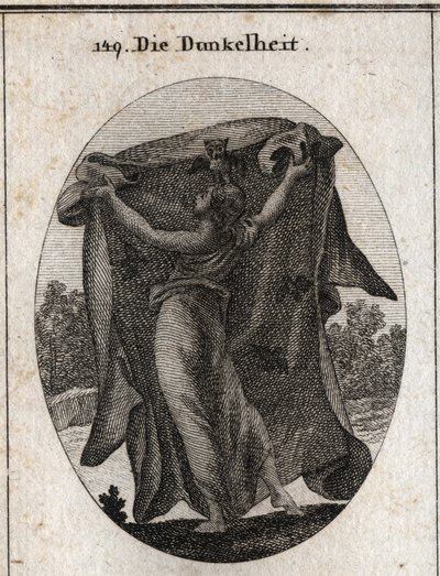 Allegorie der Dunkelheit. Sie breitet einen dunklen Schleier aus, mit dem sie das Eindringen von Licht verhindert. Ihre Attribute sind die Eule und andere Nachtvögel. Gravur in „Iconologie oder Ideen aus dem Gebiete der Leidenschaften und Allegorien bildli von Austrian School
