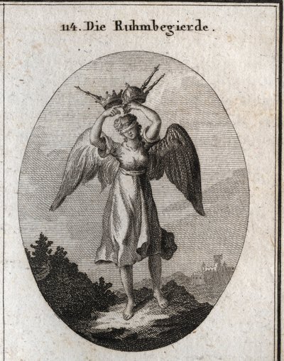 Allegorie des Ehrgeizes. Ihre Flügel zeigen ihre Neigung zum Aufstieg und ihre Kühnheit wird durch verschiedene Arten von Kronen und Zeptern dargestellt. Die Augenbinde unterstreicht ihren Mangel an Urteilsvermögen und ihre Blindheit gegenüber allem, was s von Austrian School