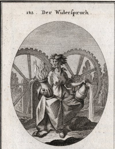 Allegorie der Belästigung. Ihr Anzug ist in zwei Hälften geteilt. Sie hält ein Gefäß mit Wasser und ein Gefäß mit Feuer. Die beiden Zahnräder bewegen sich in entgegengesetzte Richtungen. Gravur in „Iconologie oder Ideen aus dem Gebiete der Leidenschaften u von Austrian School