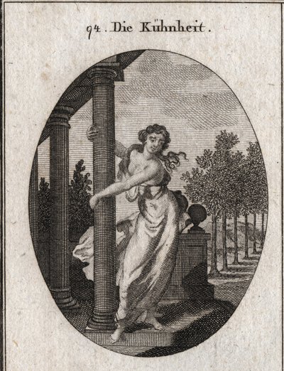 Allegorie der Kühnheit, die eine Säule umarmt, die ein Gebäude stützt, während sie versucht, es niederzureißen. Gravur in „Iconologie oder Ideen aus dem Gebiete der Leidenschaften und Allegorien bildlich dargestellt für Zeichner, Maler, Dichter, Gelehrte,  von Austrian School