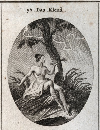 Allegorie des Unglücks. Sie sitzt auf Brisen, deren Fragilität das Bild der Instabilität des Glücks und der Elend des Lebens ist. Gravur in "Iconologie oder Ideen aus dem Gebiete der Leidenschaften und Allegorien bildlich dargestellt für Zeichner, Maler, D von Austrian School