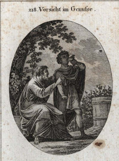 Allegorie der Vorsicht beim Genießen. Ein Philosoph warnt uns, dass der Weinstock drei Arten von Trauben produziert: die des Vergnügens, die der Trunkenheit und die des Schmerzes und Wahnsinns. Gravur in „Iconologie oder Ideen aus dem Gebiete der Leidensch von Austrian School
