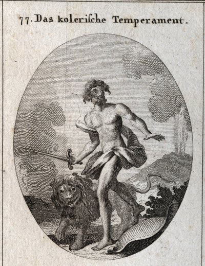 Allegorie des cholerischen Temperaments. Er hält ein Schwert zum Angriff und hat gerade seinen Schild weggeworfen, ohne sich zu verteidigen. Sein Attribut ist ein bedrohlicher Löwe. Gravur in "Iconologie oder Ideen aus dem Gebiete der Leidenschaften und Al von Austrian School
