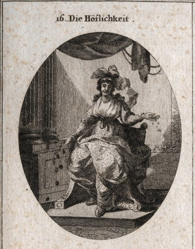 Allegorie der Höflichkeit, dargestellt durch eine wohlhabende, anmutige und lächelnde Frau, die Geld und Schmuck verteilt. Gravur in „Iconologie oder Ideen aus dem Gebiete der Leidenschaften und Allegorien bildlich dargestellt für Zeichner, Maler, Dichter, von Austrian School