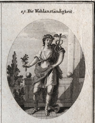 Allegorie der Anständigkeit. Junger Mann mit einem Löwenfell, um seine Unterscheidung und seine Seelengröße auszudrücken. Der Amaranthzweig und die Krone zeigen, dass er seine Schönheit noch bewahrt. Die Lapsus markiert Beredsamkeit und Scharfsinn in der R von Austrian School