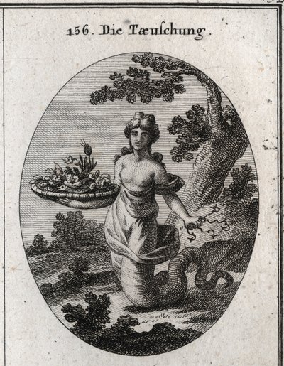 Allegorie des Betrugs. Unter den Blumen des Korbes befindet sich eine Schlange. Sie hält mehrere Haken hinter ihrem Rücken versteckt. Ihre Beine enden in einem Schlangenschwanz, um zu zeigen, dass sie kriecht, um ihre Ziele zu erreichen. Gravur in „Iconolo von Austrian School