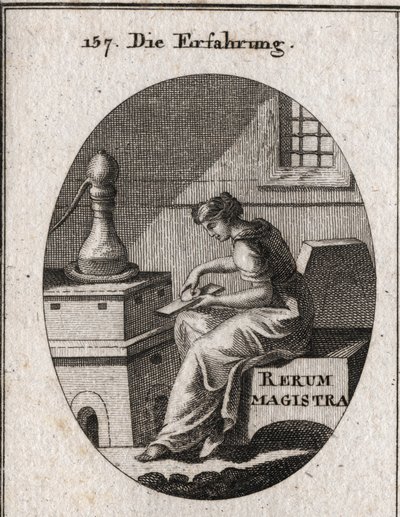 Allegorie der Erfahrung, die das Ergebnis von Studium und Zeit ist. Sie prüft Gold auf einer Schlüsselplatte. Gravur in „Iconologie oder Ideen aus dem Gebiete der Leidenschaften und Allegorien bildlich dargestellt für Zeichner, Maler, Dichter, Gelehrte, Er von Austrian School