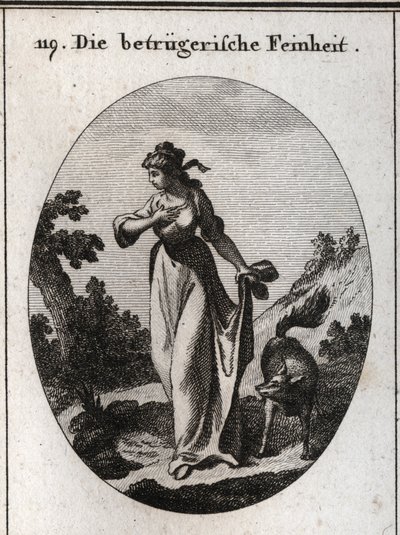 Allegorie der Finesse, die dazu neigt zu täuschen. Sie wird dargestellt mit einer Hand auf ihrer Brust und der anderen hinter ihrem Rücken, die einen Fuchs hält, das Symbol der Täuschung. Gravur in „Iconologie oder Ideen aus dem Gebiete der Leidenschaften  von Austrian School
